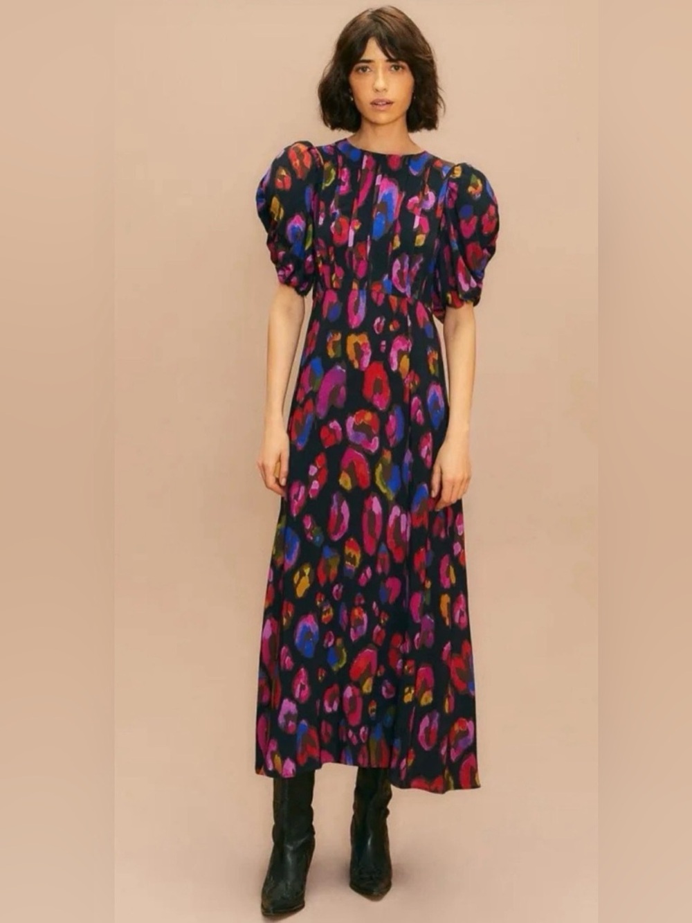 FARM Rio Black Maxi Dress with Pink, Blue, Purple and Red Abstract Print M